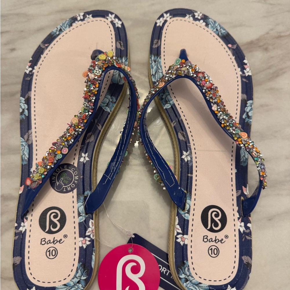 bebe Blue Floral Sandals with Multicolor Beads Women’s Size 10